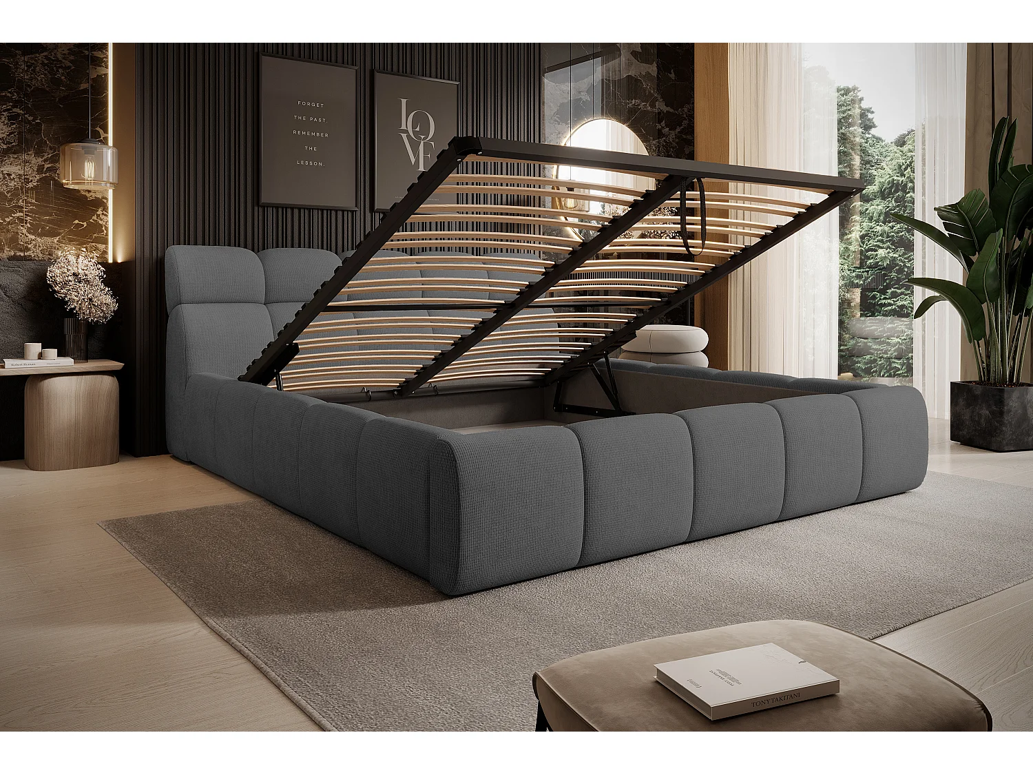 Łóżko tapicerowane GIULIA, komfortowe, z pojemnikiem na pościel, regulowanym wezgłowiem i LED, 140x200x96 cm, kolor: antracytowy