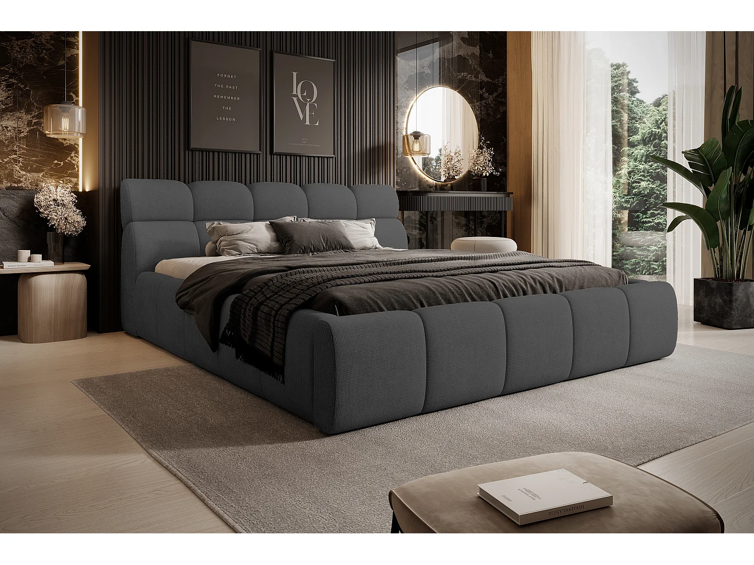 Łóżko tapicerowane GIULIA, komfortowe, z pojemnikiem na pościel, regulowanym wezgłowiem i LED, 160x200x96 cm, kolor: grafitowy