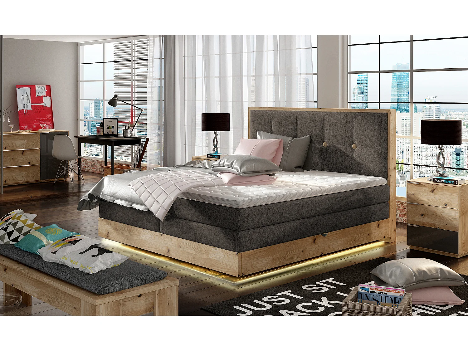 Łóżko Boxspring z litego drewna ze zintegrowanym pojemnikiem na materac i wezgłowiem - Model ETNO lite drewno Premium Comfort 160x200 cm Szary