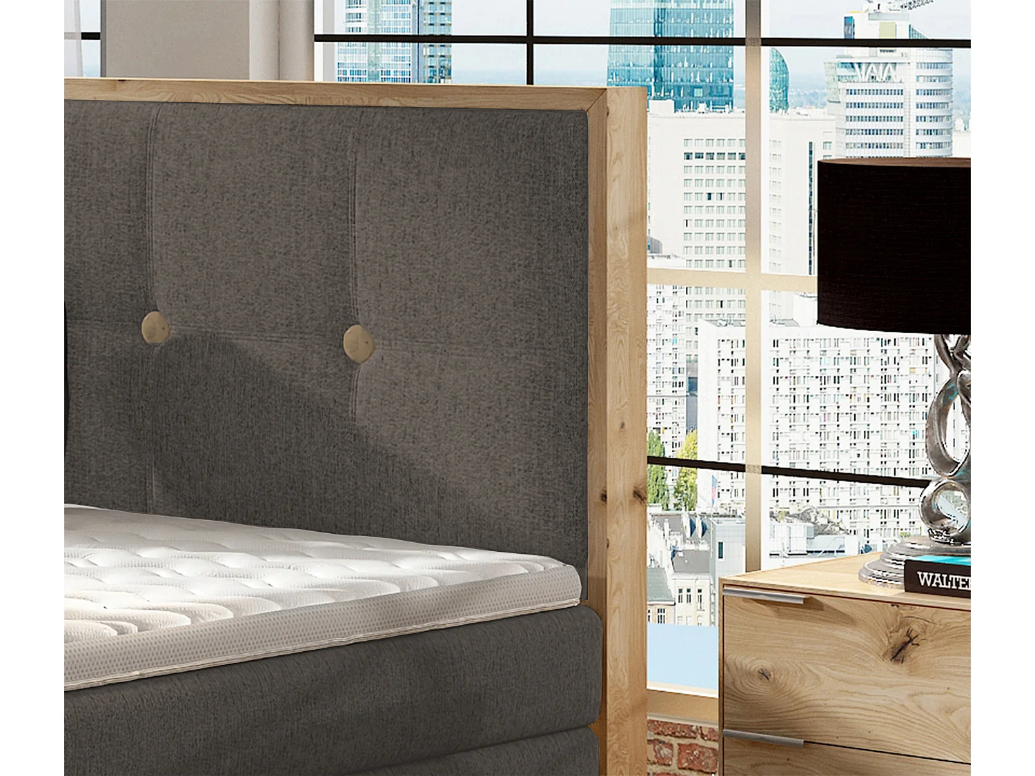 Lit Boxspring Massif avec Coffre Intégré, Surmatelas et Tête de Lit - Modèle ETNO, Bois Massif, Confort Premium, 160x200 cm, Gris