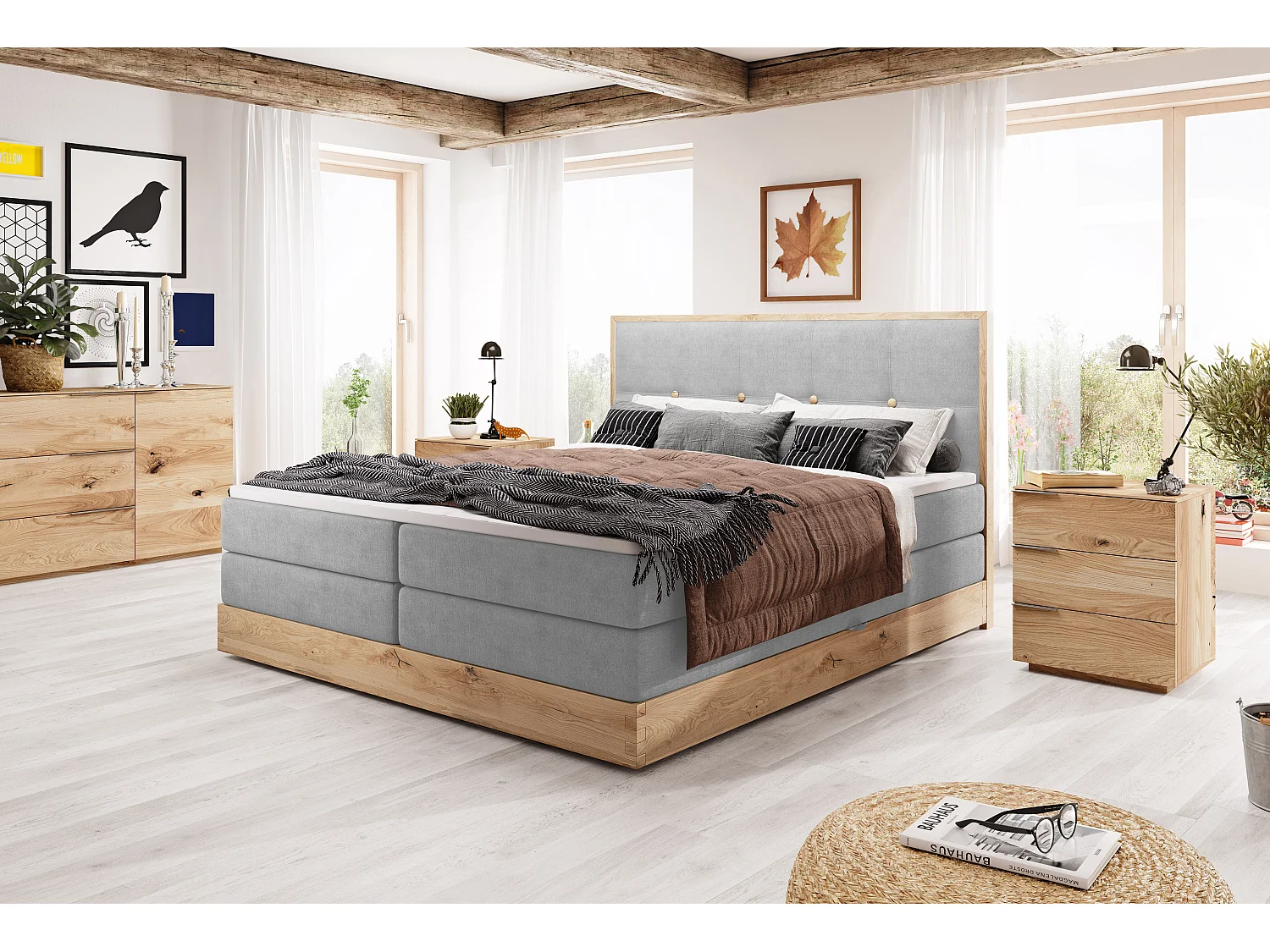 ELLI commodebed met elegant hoofdbord, ruime opbergmogelijkheden en modern design, Afmeting: 180x200 cm, Kleur: Lichtgrijs