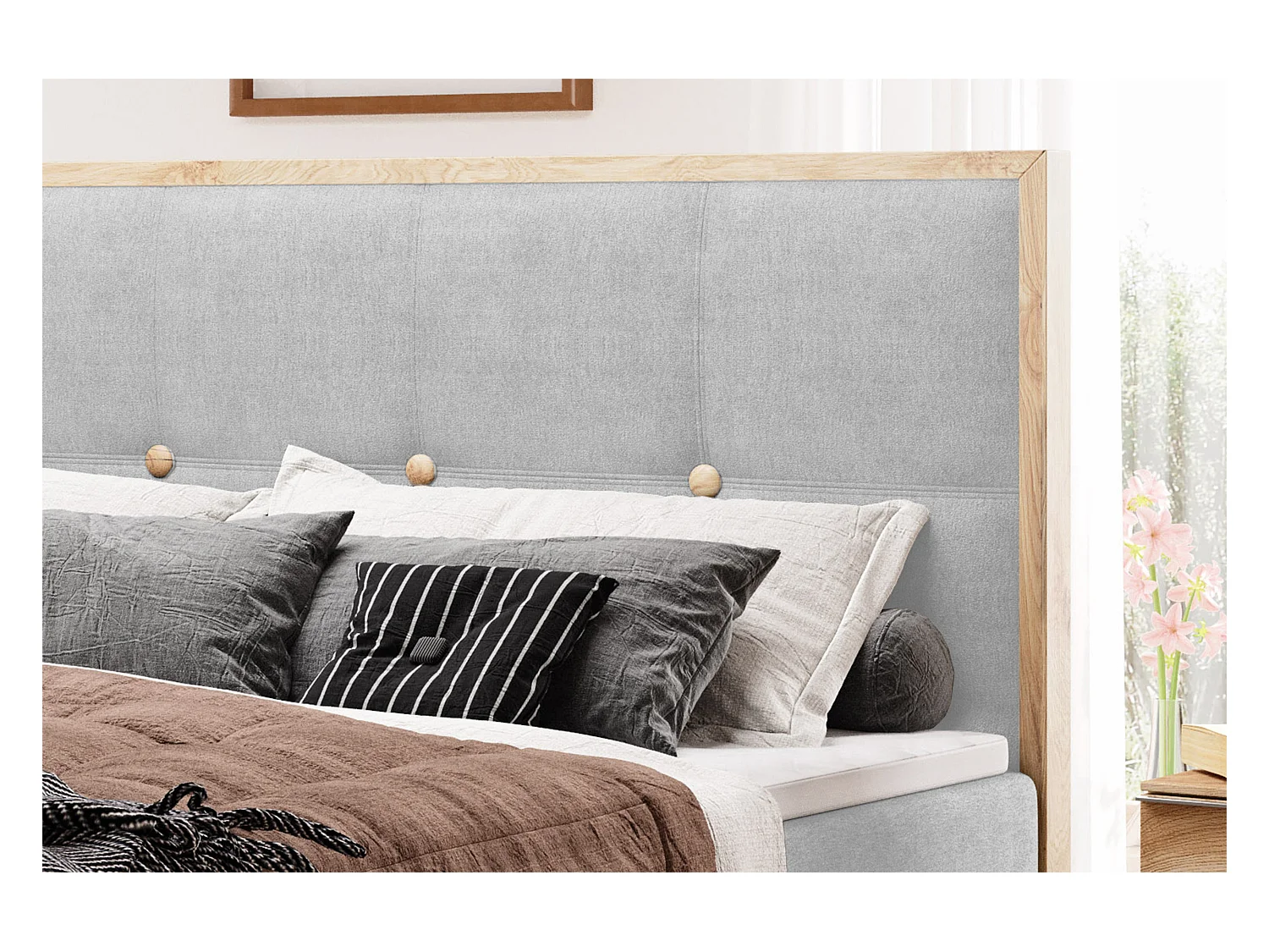 Lit coffre ELLI avec tête de lit élégante, rangements spacieux et design moderne, Taille: 180x200 cm, Couleur: Gris clair