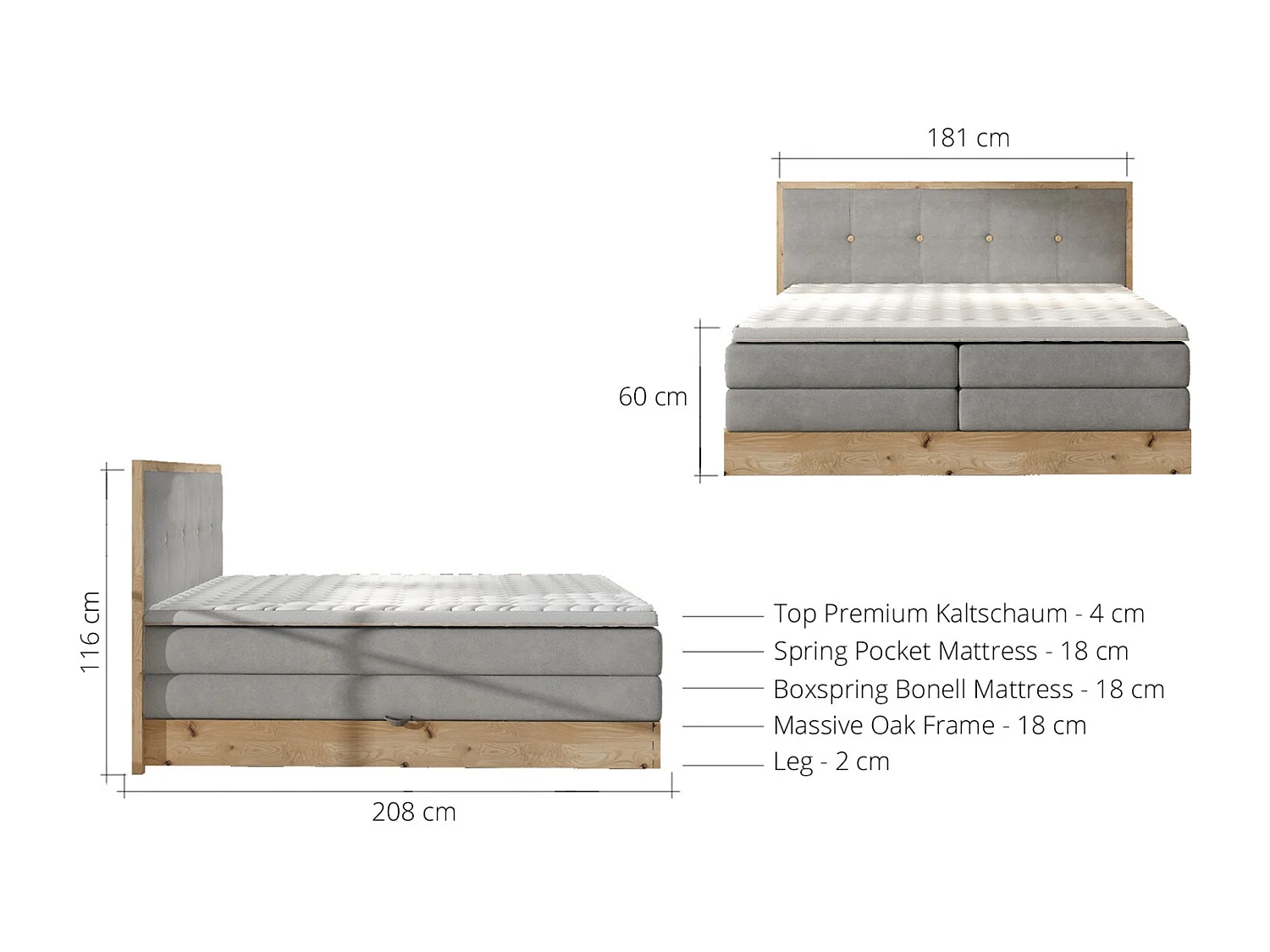 Lit coffre ELLI avec tête de lit élégante, rangements spacieux et design moderne, Taille: 180x200 cm, Couleur: Gris clair