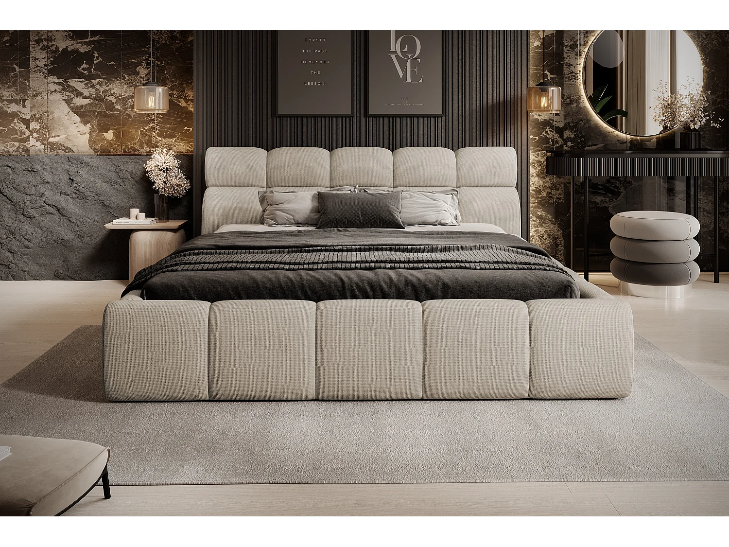 Gestoffeerd bed GIULIA, comfortabel, met opbergruimte, verstelbaar hoofdbord en LED, 160x200x96 cm, kleur: Beige
