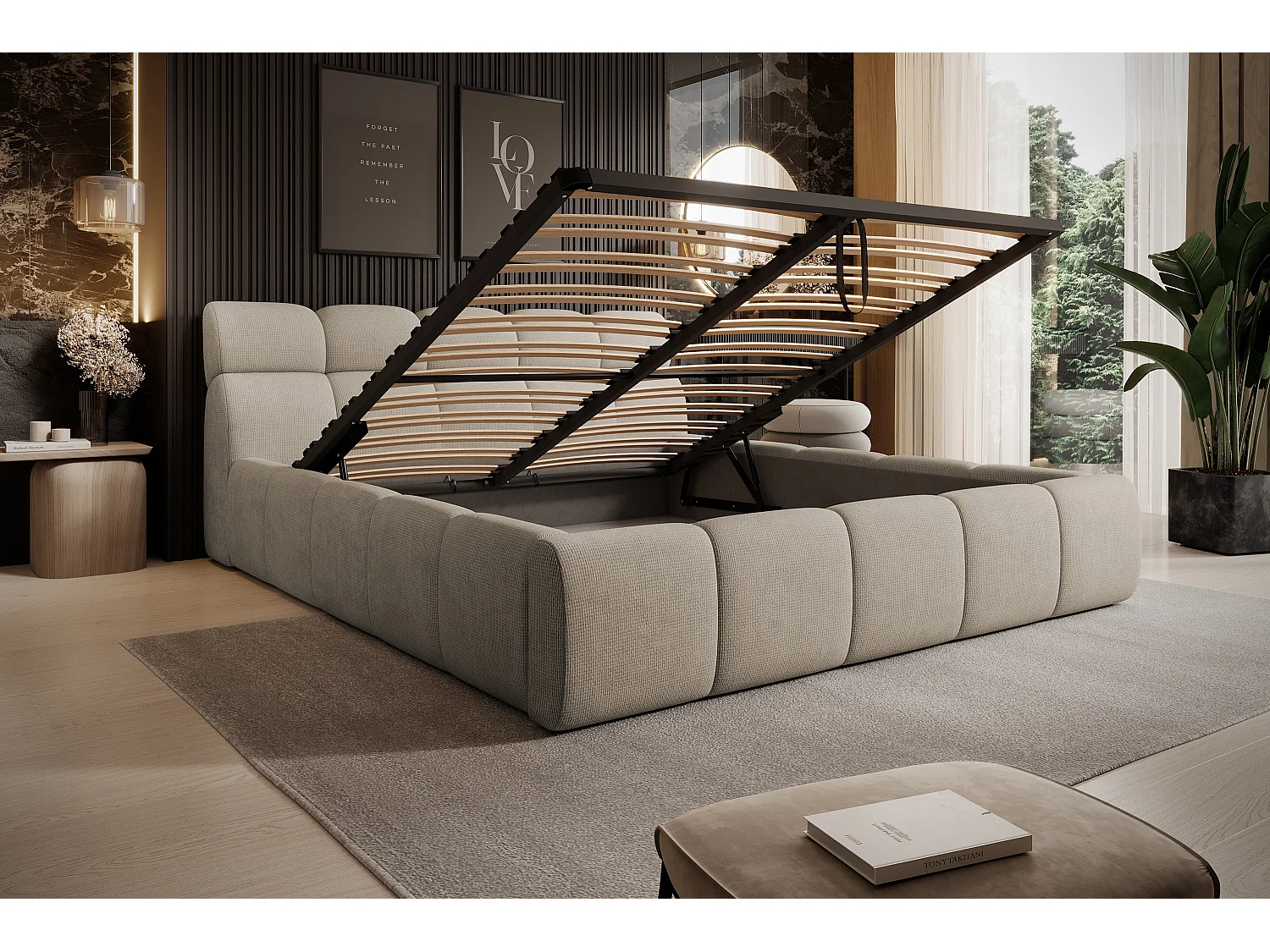 Gestoffeerd bed GIULIA, comfortabel, met opbergruimte, verstelbaar hoofdbord en LED, 160x200x96 cm, kleur: Beige