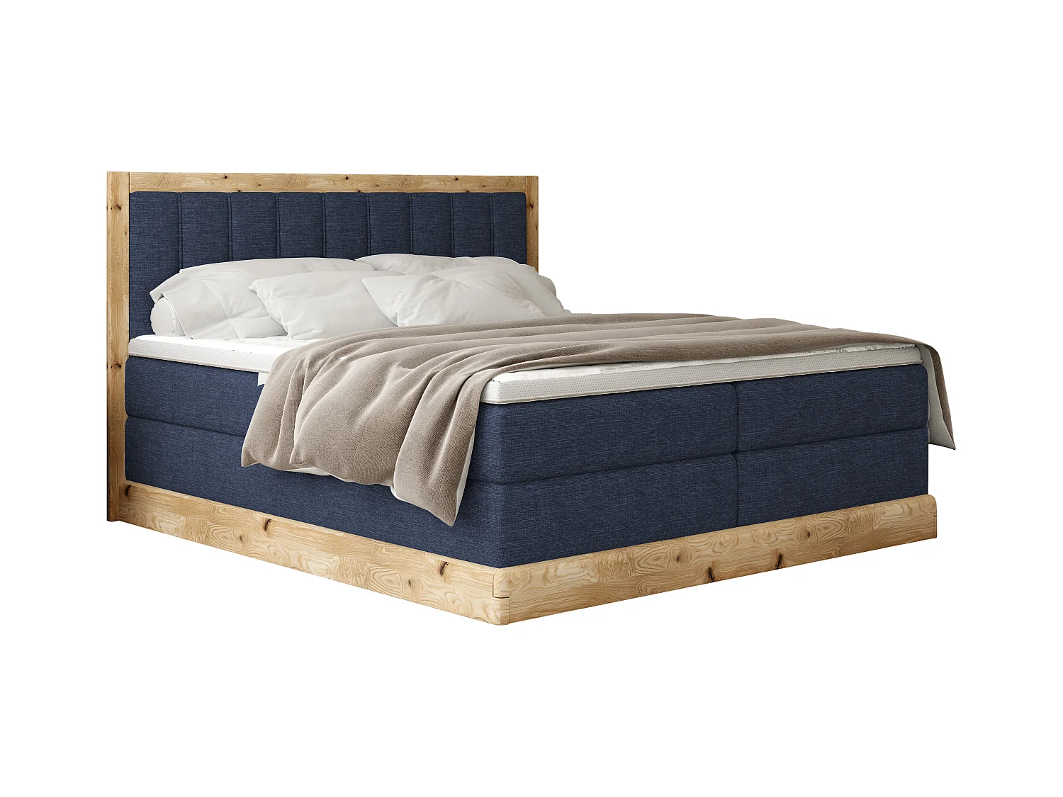 Lit continental rembourré ALMA – Matériaux exquis MDF et chêne, surface confortable, 160x200 cm – Couleur : Bleu