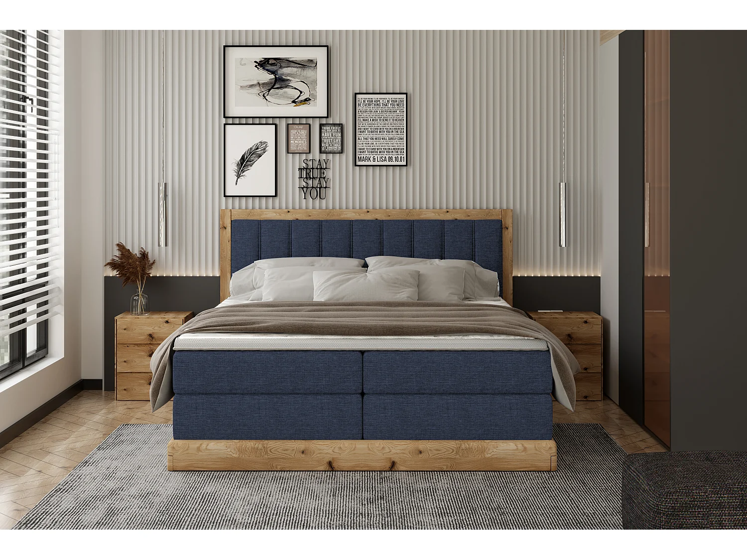 Lit continental rembourré ALMA – Matériaux exquis MDF et chêne, surface confortable, 160x200 cm – Couleur : Bleu