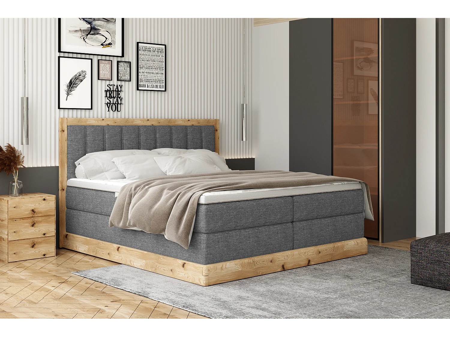 Elegante gepolsterde bed ALMA – Functioneel ontwerp van eikenhout, 7-zone pocketvering, 180x200 cm – Kleur: Grafiet