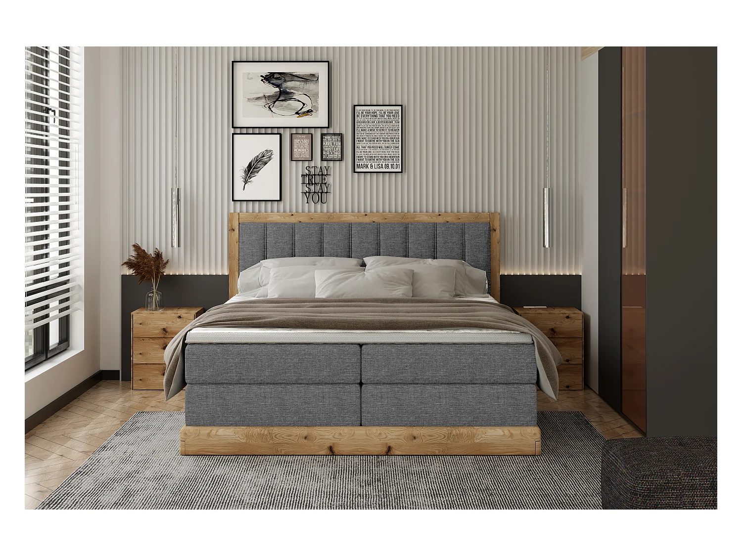 Lit rembourré élégant ALMA – Design fonctionnel en bois de chêne, noyau de ressorts ensachés 7 zones, 180x200 cm – Couleur : Graphite