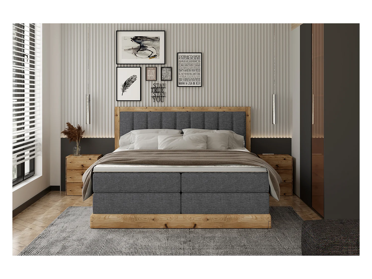 Lit continental rembourré ALMA – Design de haute qualité en chêne, hauteur 65 cm, matelas arrondis pour un sommeil réparateur, 180x200 cm – Couleur : Gris foncé