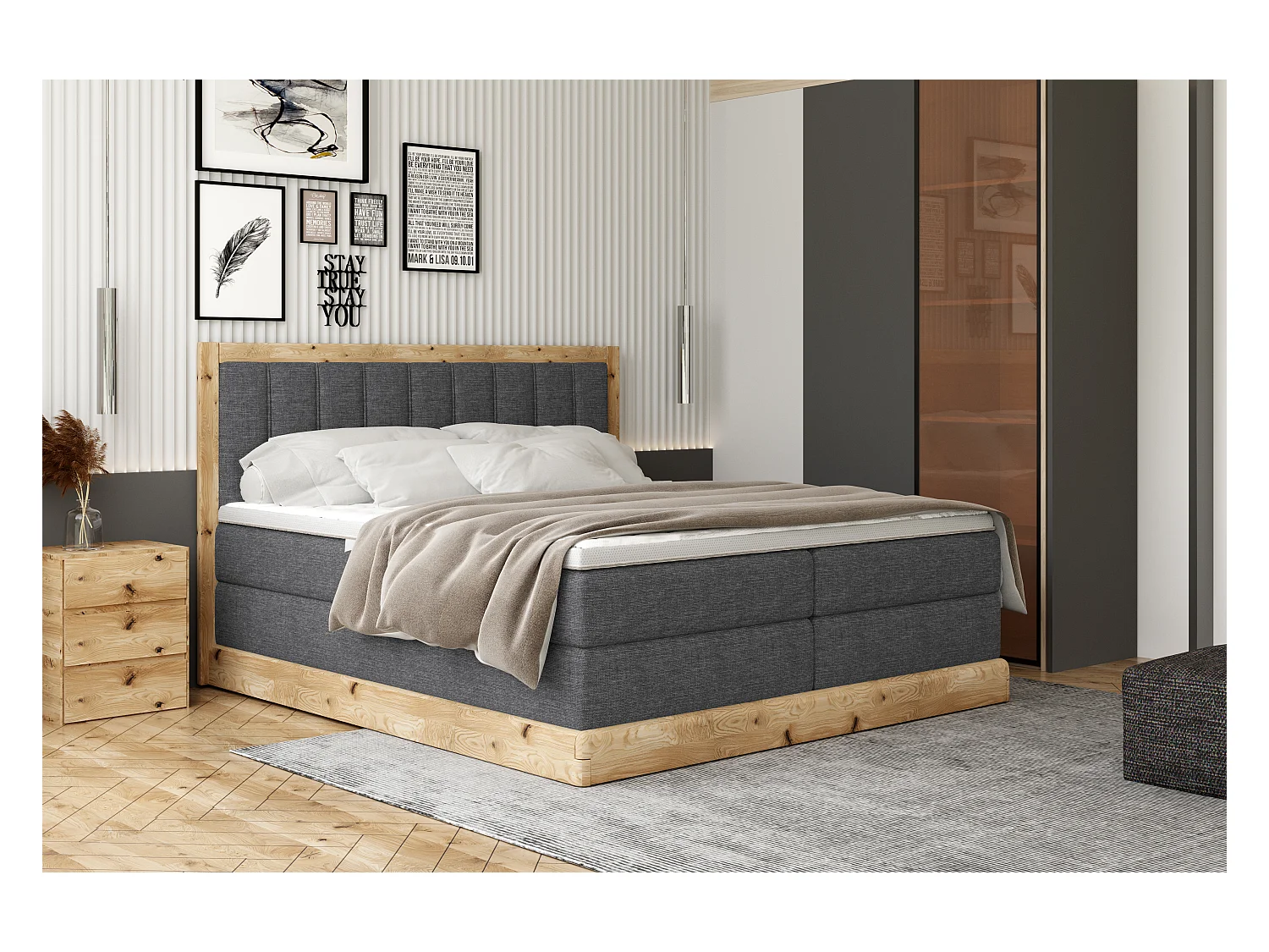 Lit continental rembourré ALMA – Design de haute qualité en chêne, hauteur 65 cm, matelas arrondis pour un sommeil réparateur, 180x200 cm – Couleur : Gris foncé