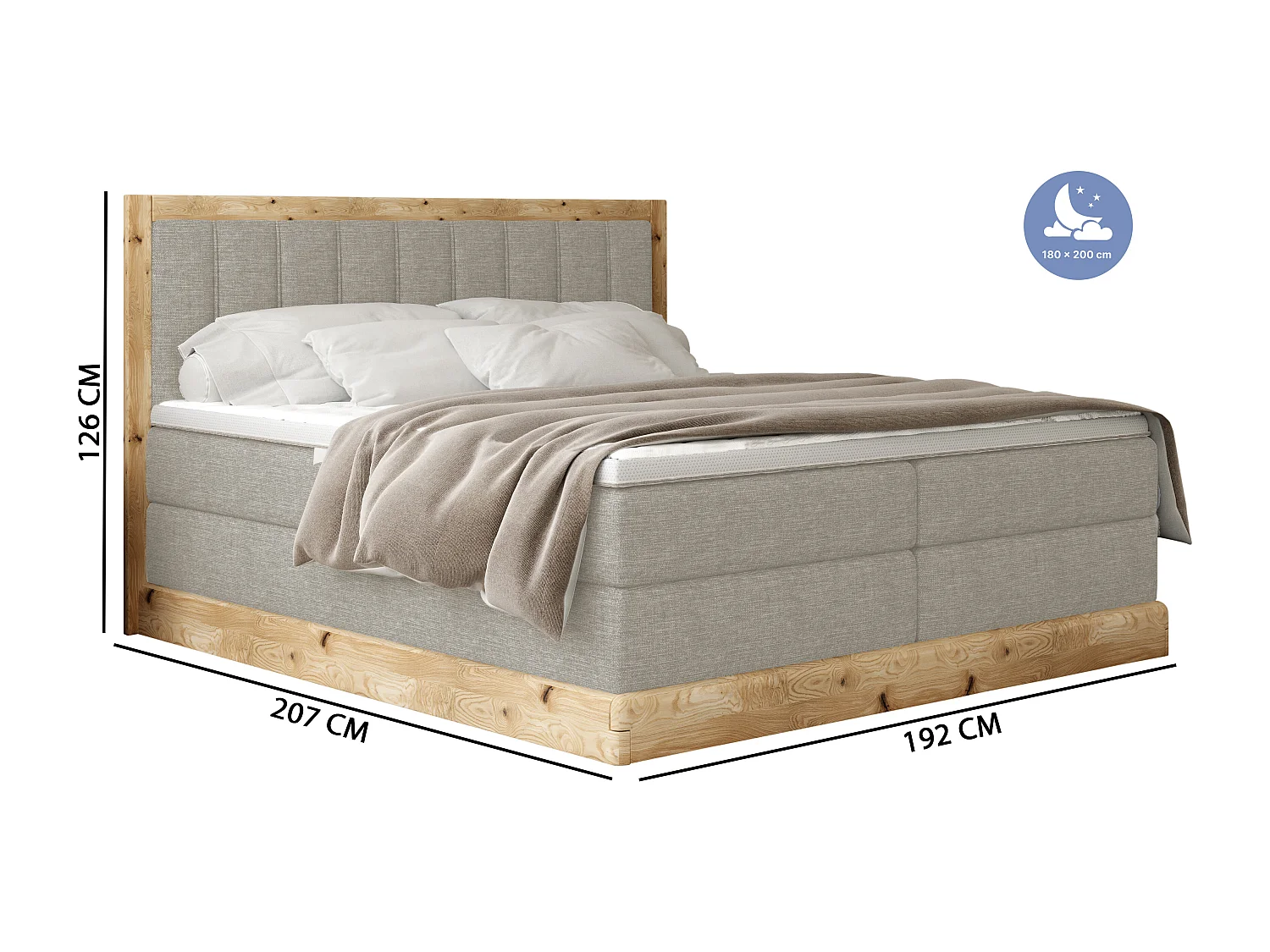 Lit continental rembourré ALMA – Design de haute qualité en chêne, hauteur 65 cm, matelas arrondis pour un sommeil réparateur, 180x200 cm – Couleur : Gris foncé