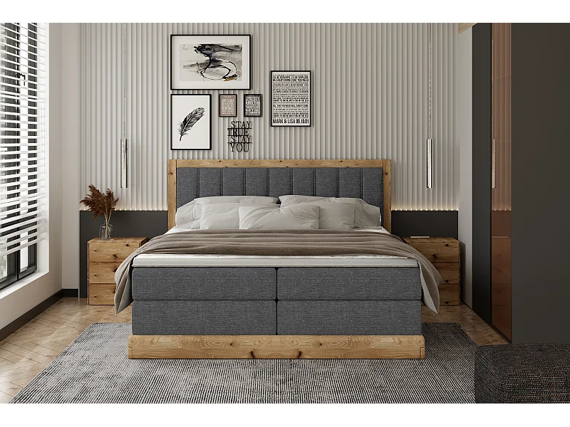 Tapicerowane łóżko continental ALMA – Design z dębu, zaokrąglone materace dla lepszego snu, 180x200 cm – Kolor: Szary ciemny