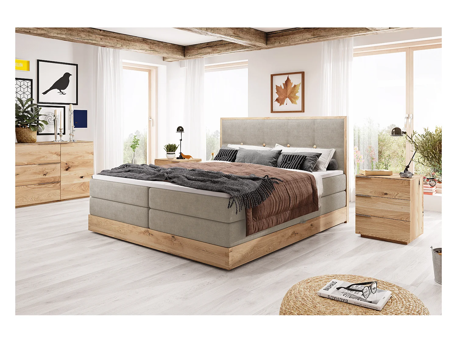 Lit coffre ELLI avec tête de lit élégante, rangements spacieux et design moderne, Taille: 140x200 cm, Couleur: Frêne