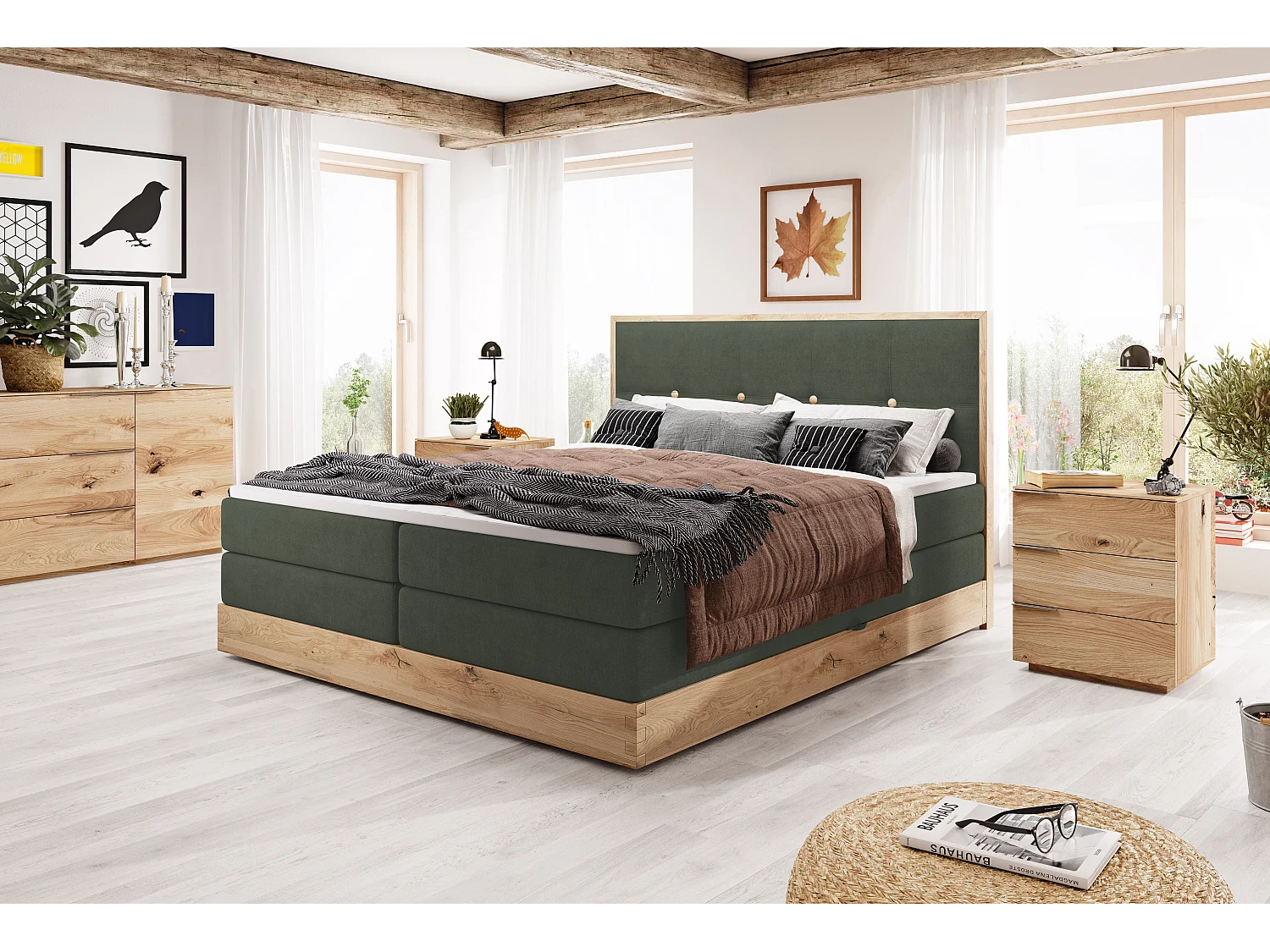 Łóżko skrzyniowe ELLI z eleganckim wezgłowiem, pojemnym schowkiem i nowoczesnym designem, Rozmiar: 180x200 cm, Kolor: Ciemnozielony