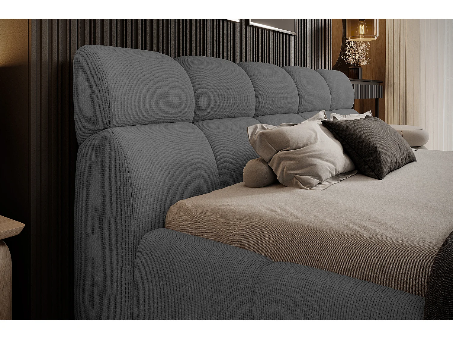 Łóżko tapicerowane GIULIA, komfortowe, z pojemnikiem na pościel, regulowanym wezgłowiem i LED, 180x200x96 cm, kolor: antracytowy