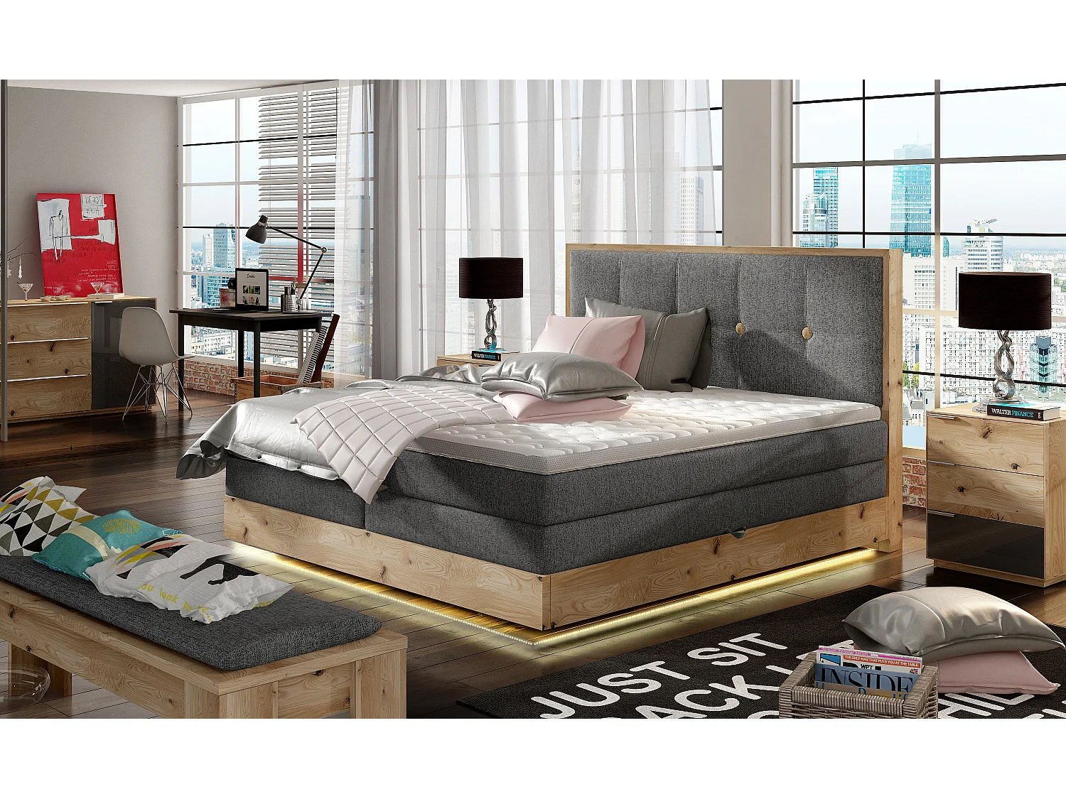 Łóżko Boxspring z litego drewna ze zintegrowanym pojemnikiem na materac i zagłówkiem - Model ETNO lite drewno Premium Comfort 160x200 cm Grafitowy