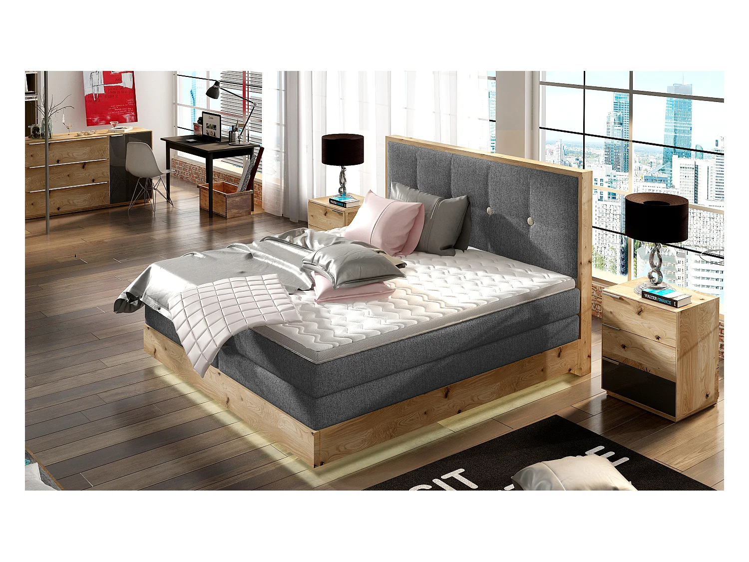 Lit Boxspring Massif avec Coffre Intégré, Surmatelas et Tête de Lit - Modèle ETNO, Bois Massif, Confort Premium, 160x200 cm, Graphite