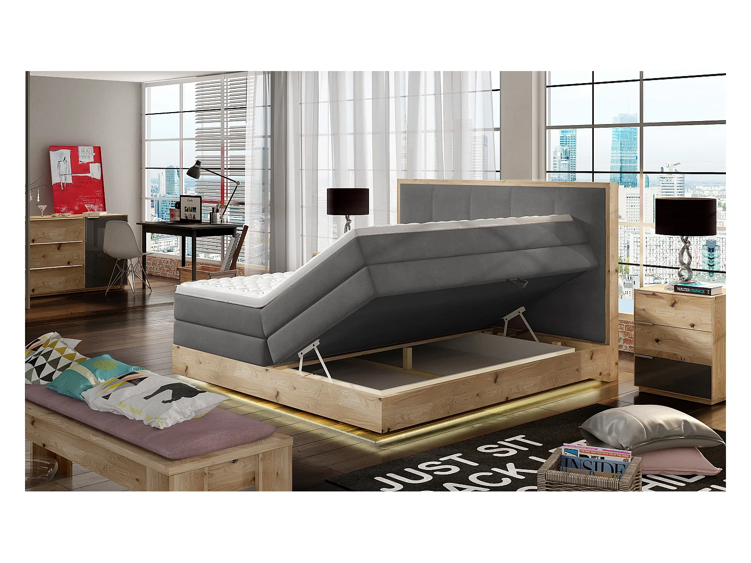 Lit Boxspring Massif avec Coffre Intégré, Surmatelas et Tête de Lit - Modèle ETNO, Bois Massif, Confort Premium, 160x200 cm, Graphite