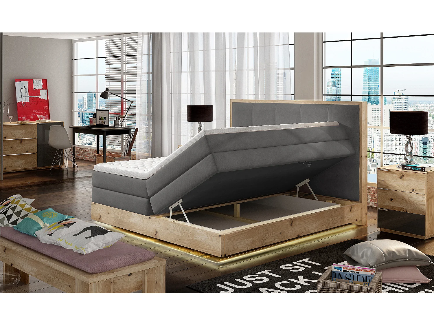 Lit Boxspring Massif avec Coffre Intégré, Surmatelas et Tête de Lit - Modèle ETNO, Bois Massif, Confort Premium, 160x200 cm, Graphite