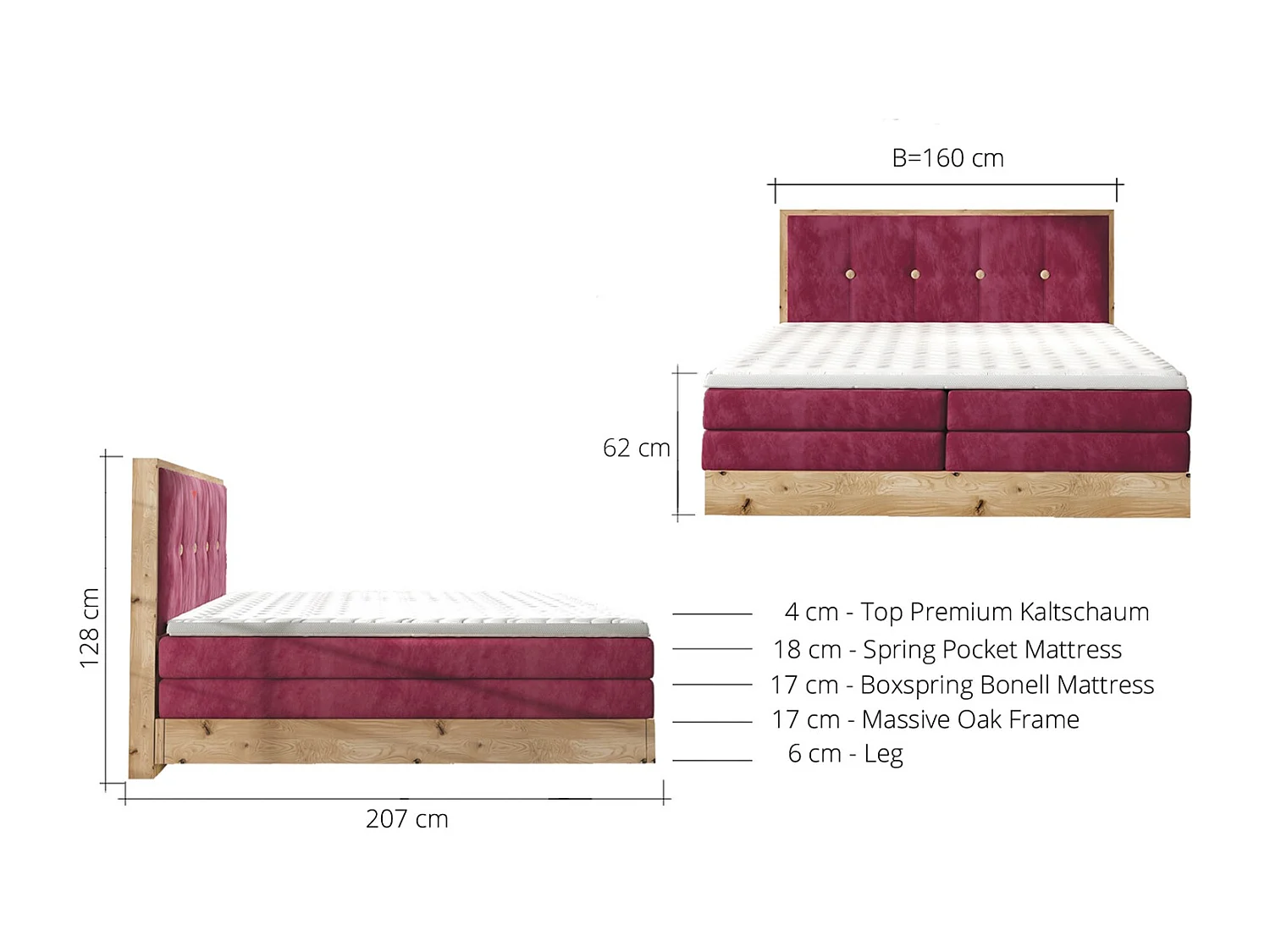 Lit Boxspring Massif avec Coffre Intégré, Surmatelas et Tête de Lit - Modèle ETNO, Bois Massif, Confort Premium, 160x200 cm, Graphite