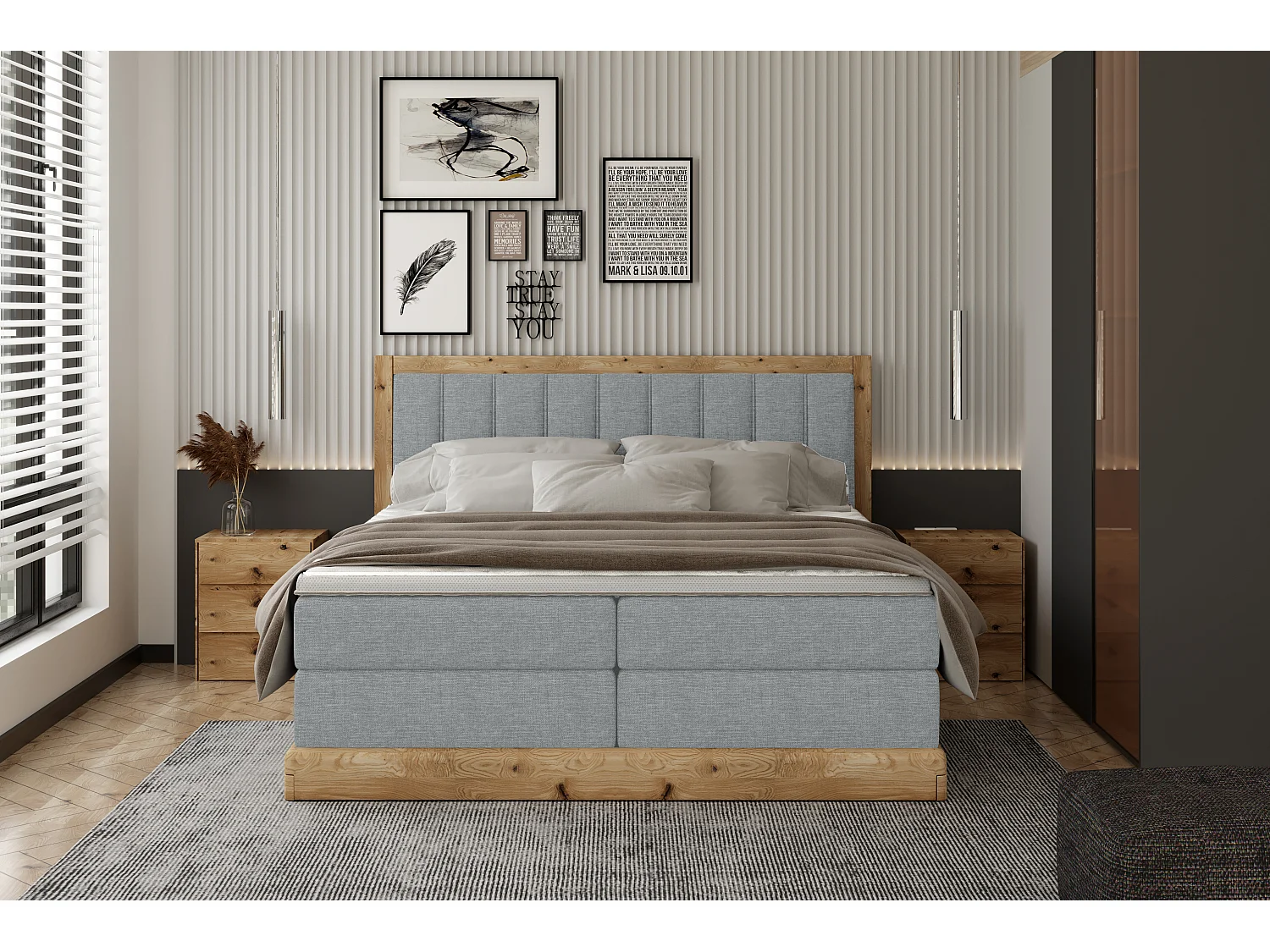 Lit continental ALMA – Design confortable avec 152 cm de long, matelas de haute qualité, 140x200 cm – Couleur : Gris clair