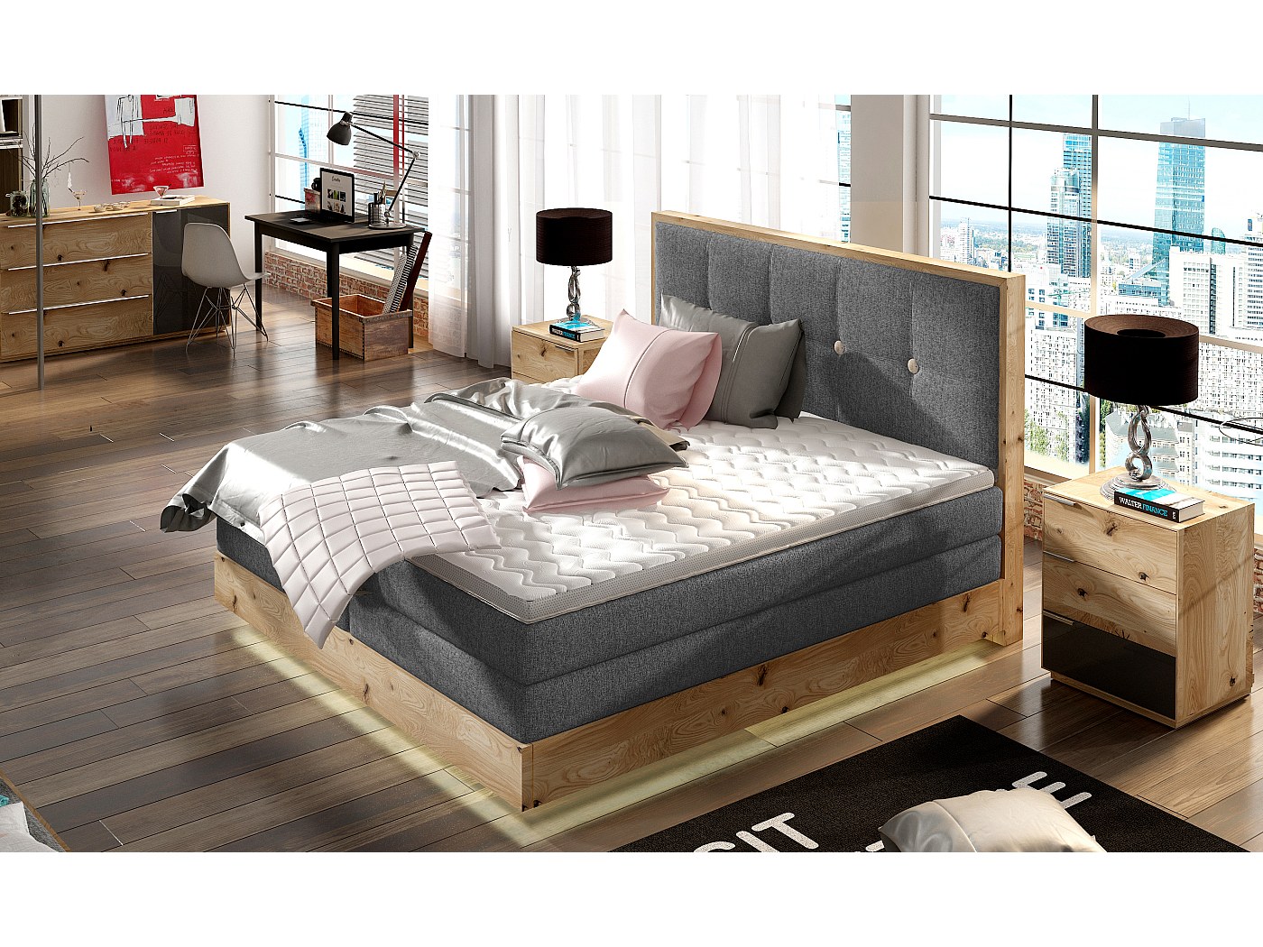 Lit Boxspring Massif avec Coffre Intégré, Surmatelas et Tête de Lit ...