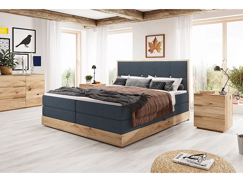 Bettkasten ELLI mit elegantem Kopfteil, geräumigem Stauraum und modernem Design, Größe: 180x200 cm, Farbe: Blau