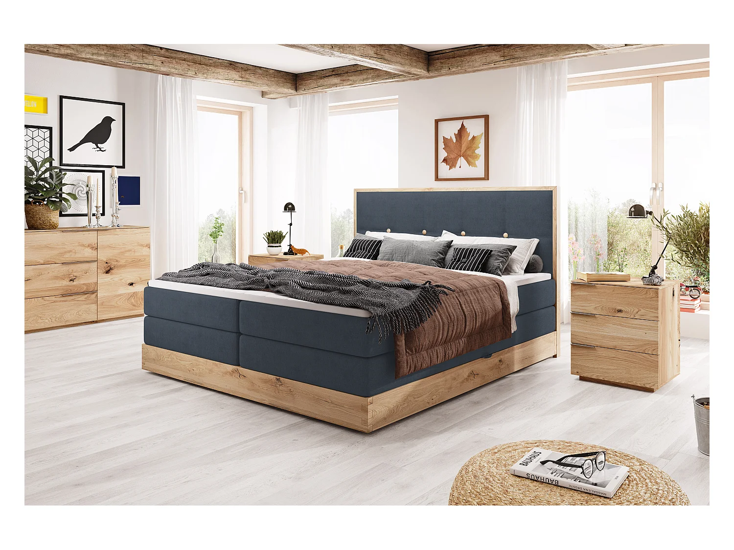 Lit coffre ELLI avec tête de lit élégante, rangements spacieux et design moderne, Taille: 180x200 cm, Couleur: Bleu