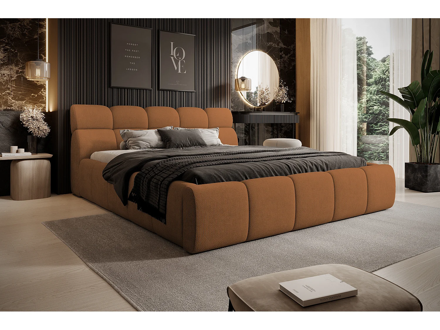 Gestoffeerd bed GIULIA, comfortabel, met opbergruimte, verstelbaar hoofdbord en LED, 140x200x96 cm, kleur: Oranje