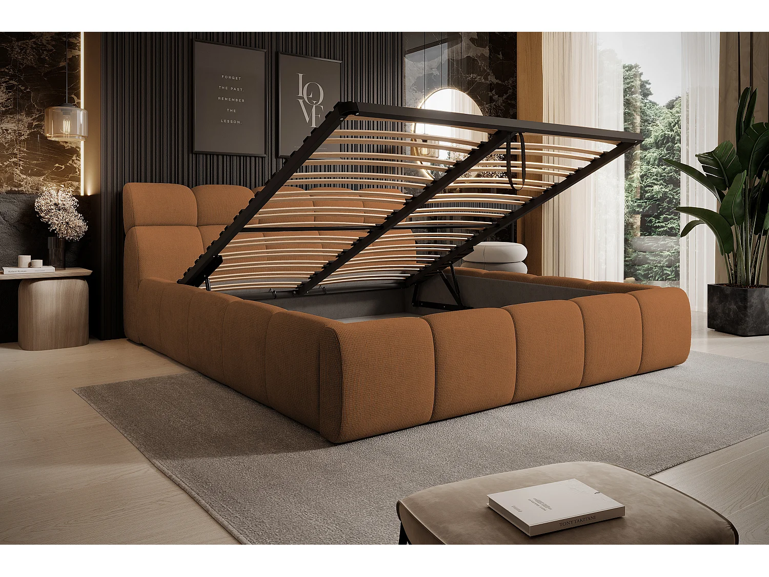 Gestoffeerd bed GIULIA, comfortabel, met opbergruimte, verstelbaar hoofdbord en LED, 140x200x96 cm, kleur: Oranje