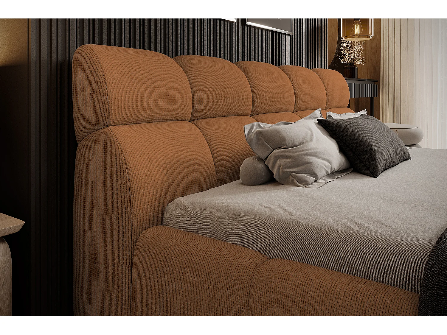 Gestoffeerd bed GIULIA, comfortabel, met opbergruimte, verstelbaar hoofdbord en LED, 140x200x96 cm, kleur: Oranje