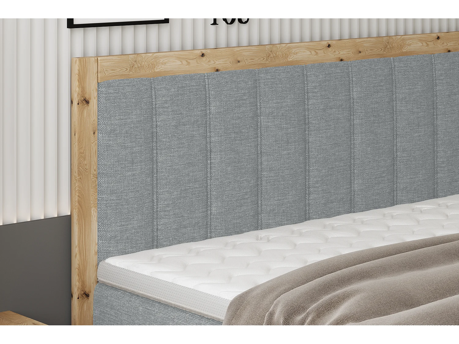 Gepolsterd Continentalbed ALMA – Elegante ontwerp van eikenhout, hoogwaardige Bonnell-matras, hoogte 65 cm, 180x200 cm – Kleur: Lichtgrijs