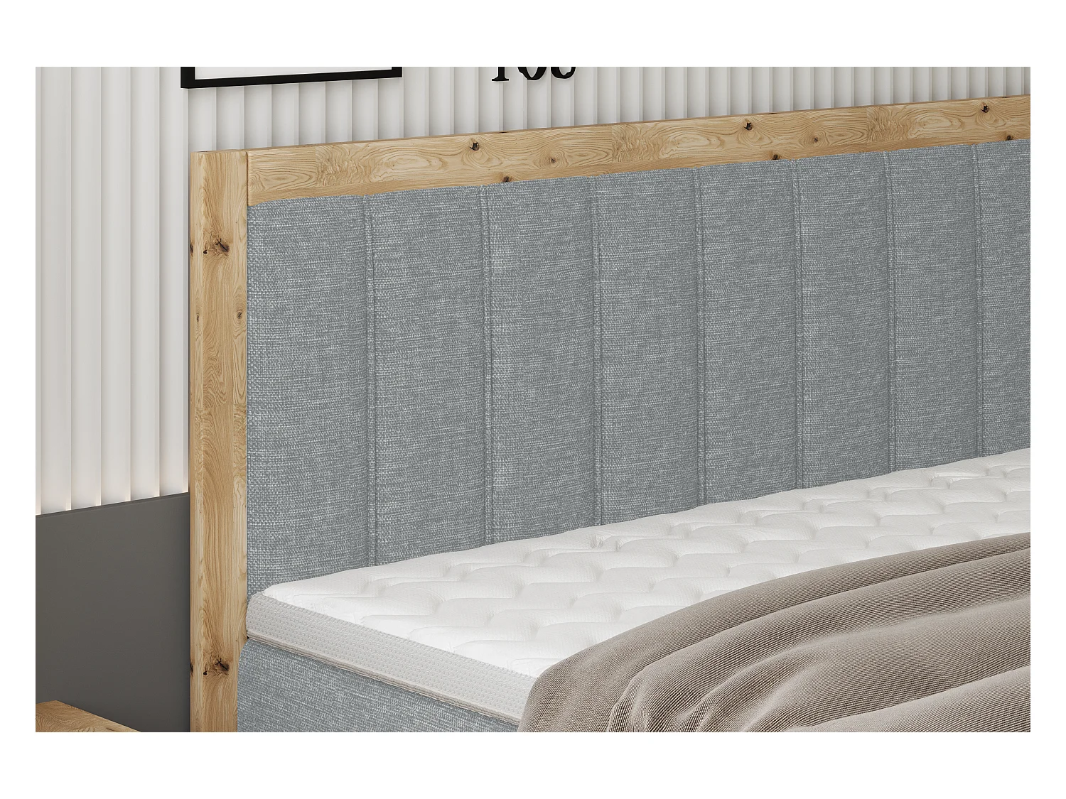 Lit continental rembourré ALMA – Design élégant en bois de chêne, matelas Bonnell haute qualité, hauteur 65 cm, 180x200 cm – Couleur : Gris clair