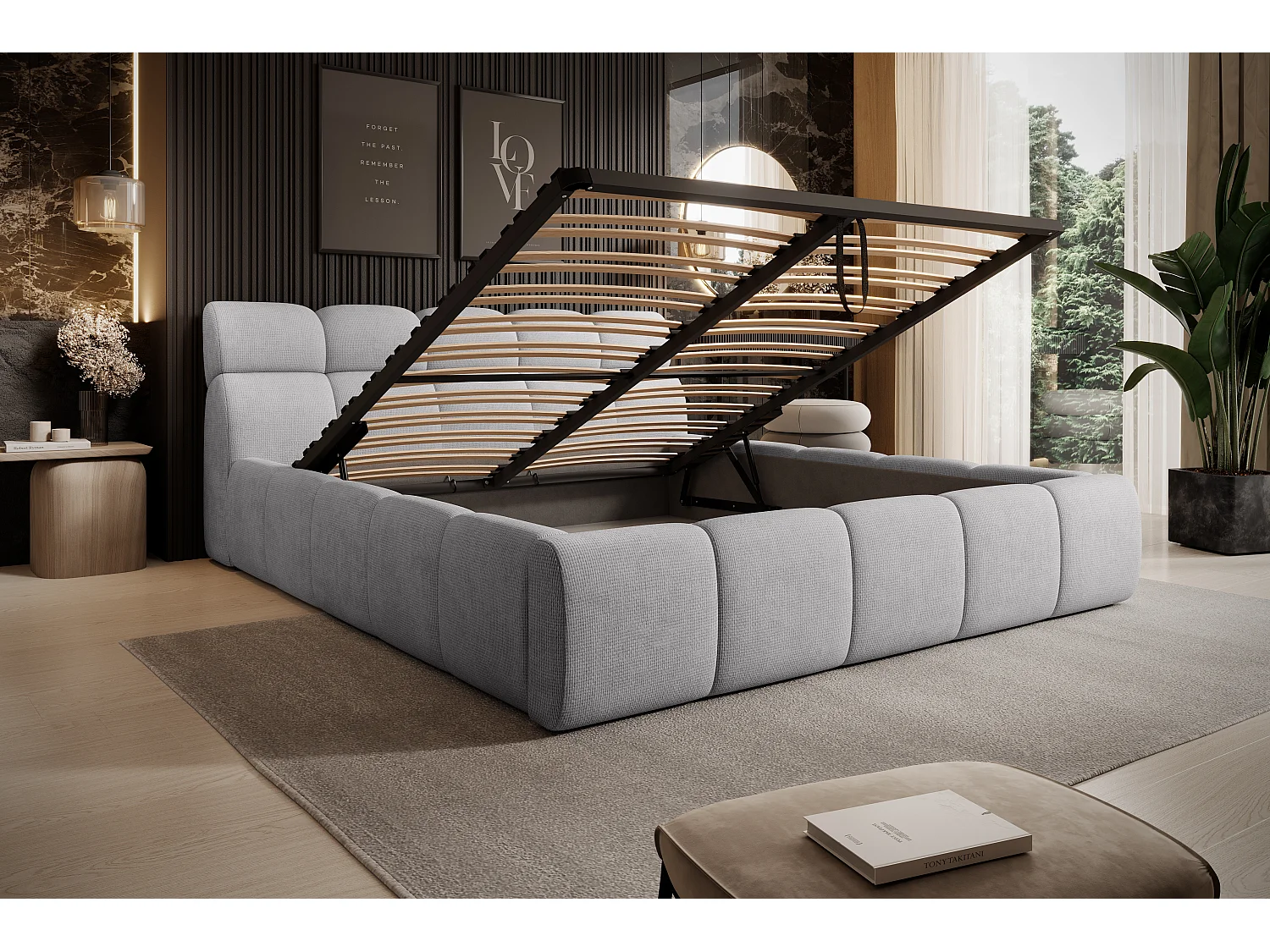 Gestoffeerd bed GIULIA, comfortabel, met opbergruimte, verstelbaar hoofdbord en LED, 140x200x96 cm, kleur: Lichtgrijs