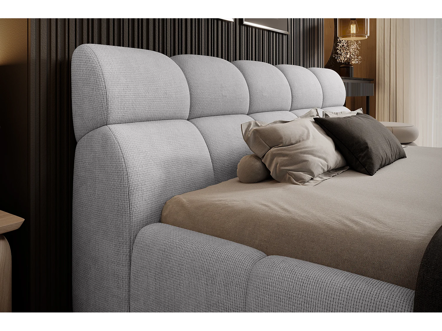 Lit capitonné GIULIA, confortable, avec coffre de rangement, tête de lit réglable et LED, 140x200x96 cm, couleur : gris clair