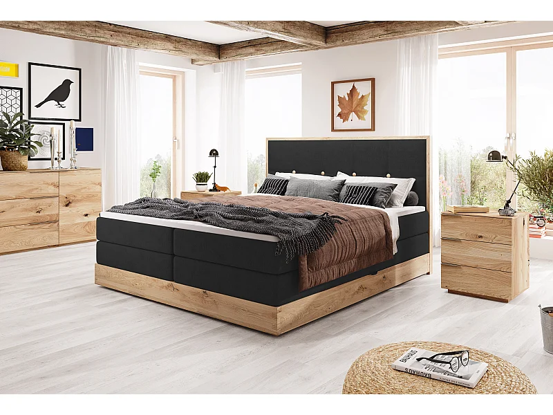 Lit coffre ELLI avec tête de lit élégante, rangements spacieux et design moderne, Taille: 180x200 cm, Couleur: Noir