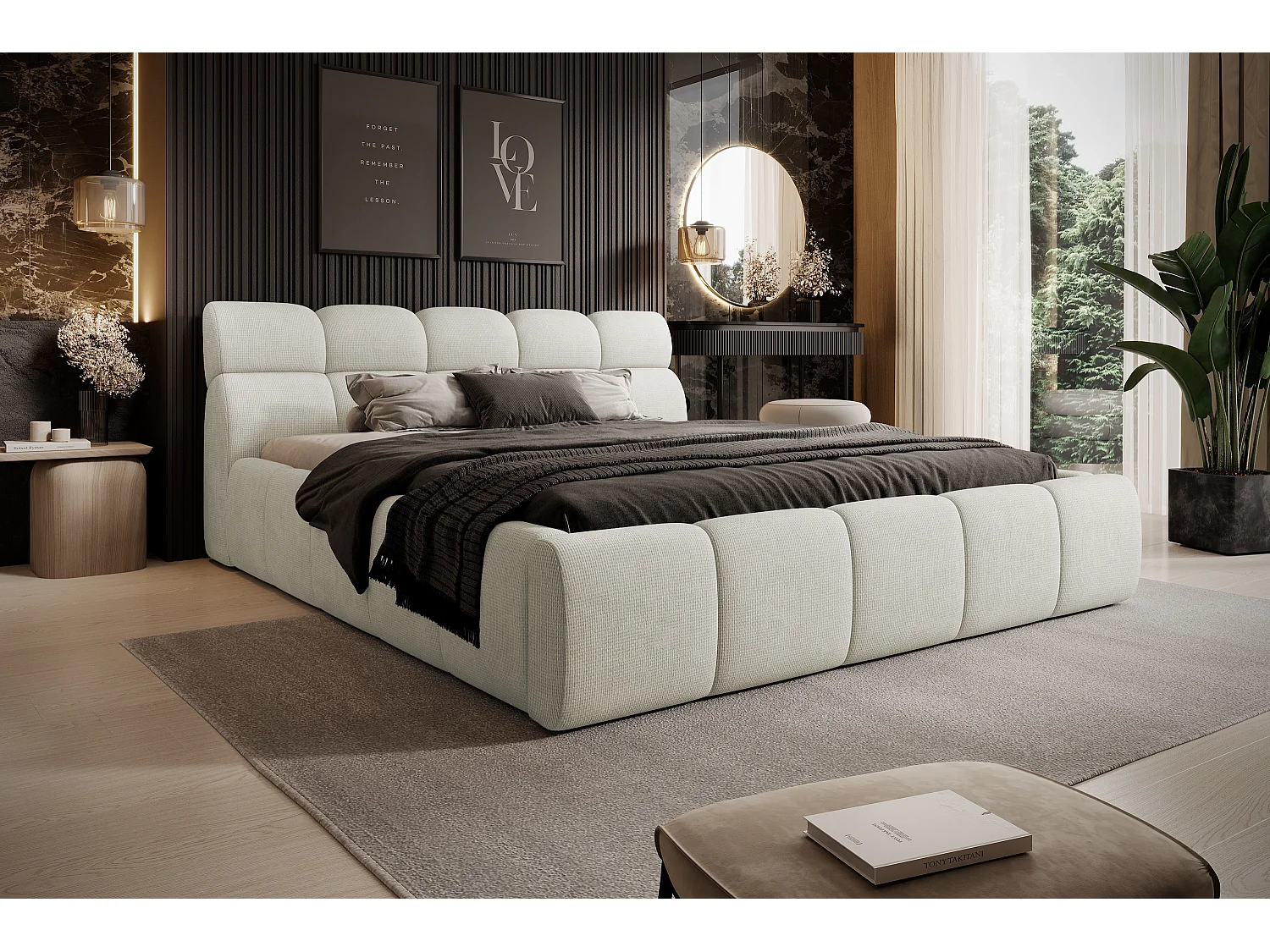 Gestoffeerd bed GIULIA, comfortabel, met opbergruimte, verstelbaar hoofdbord en LED, 140x200x96 cm, kleur: Crème