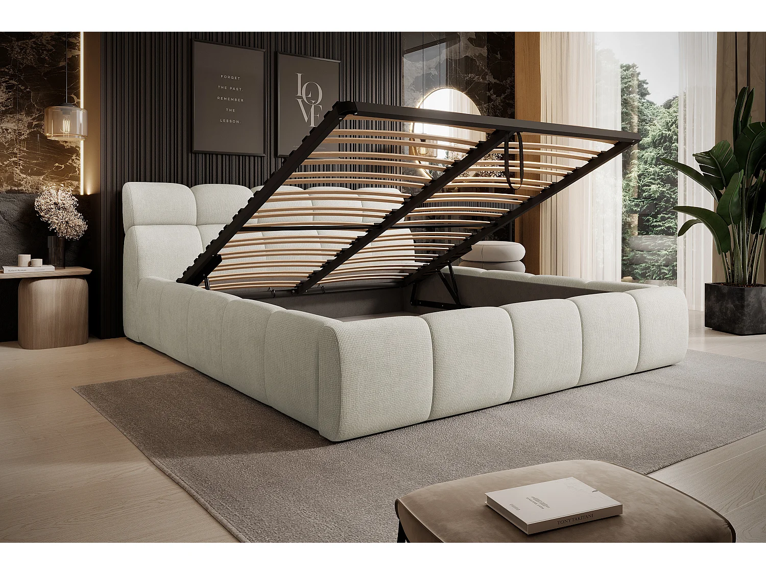 Gestoffeerd bed GIULIA, comfortabel, met opbergruimte, verstelbaar hoofdbord en LED, 140x200x96 cm, kleur: Crème