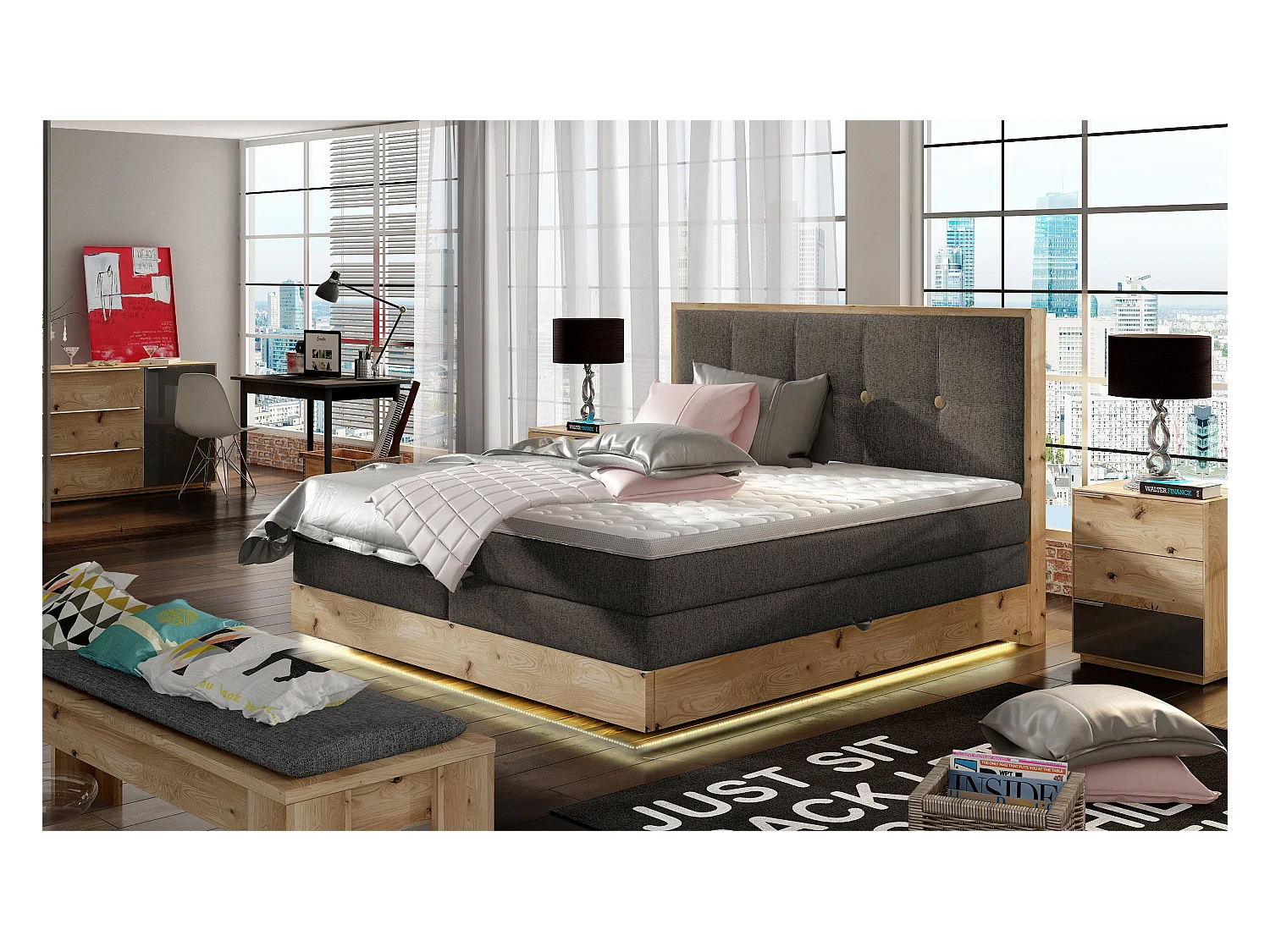 Lit Boxspring Massif avec Coffre Intégré, Surmatelas et Tête de Lit - Modèle ETNO, Bois Massif, Confort Premium, 180x200 cm, Gris