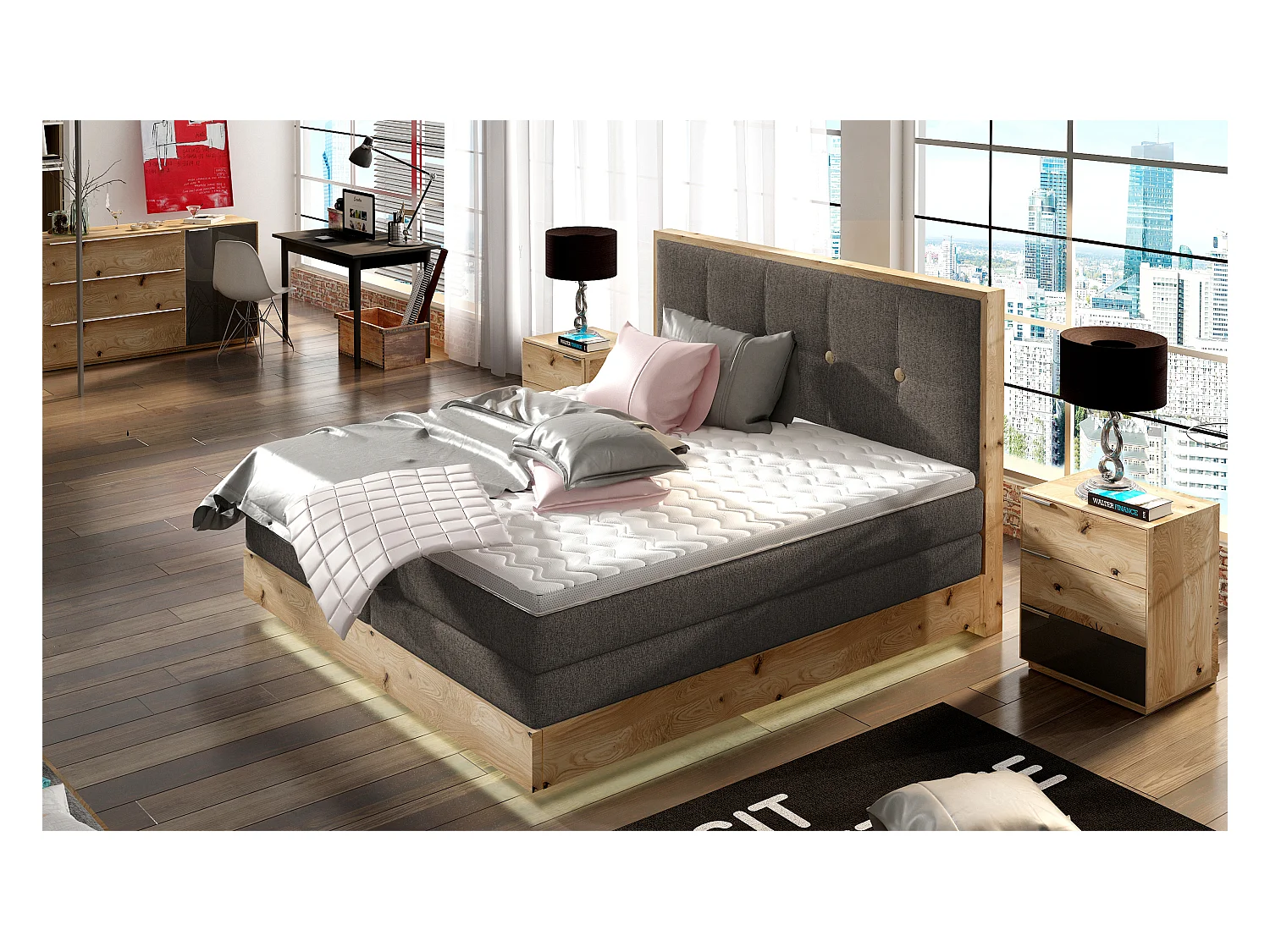 Lit Boxspring Massif avec Coffre Intégré, Surmatelas et Tête de Lit - Modèle ETNO, Bois Massif, Confort Premium, 180x200 cm, Gris