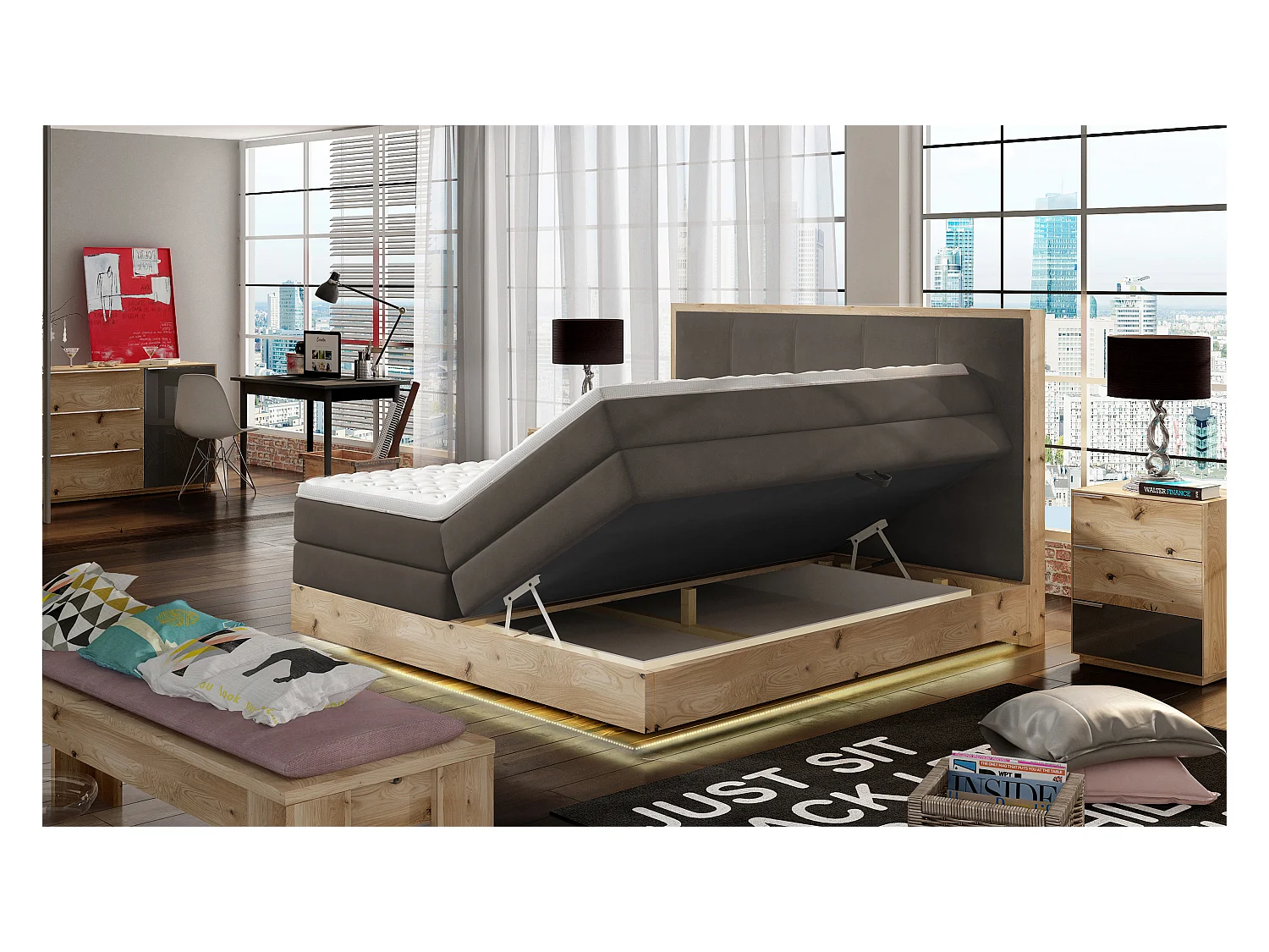 Lit Boxspring Massif avec Coffre Intégré, Surmatelas et Tête de Lit - Modèle ETNO, Bois Massif, Confort Premium, 180x200 cm, Gris