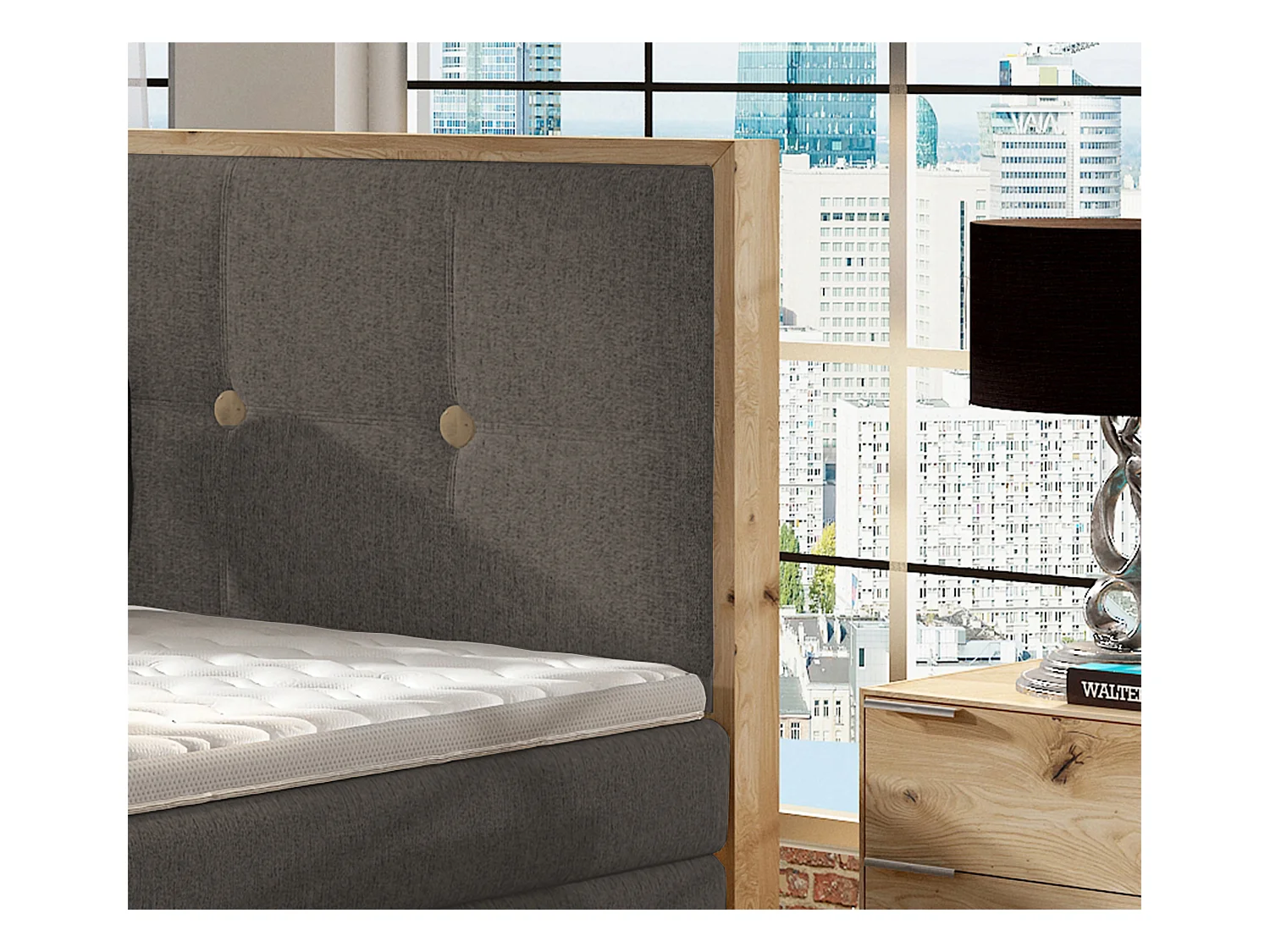 Lit Boxspring Massif avec Coffre Intégré, Surmatelas et Tête de Lit - Modèle ETNO, Bois Massif, Confort Premium, 180x200 cm, Gris
