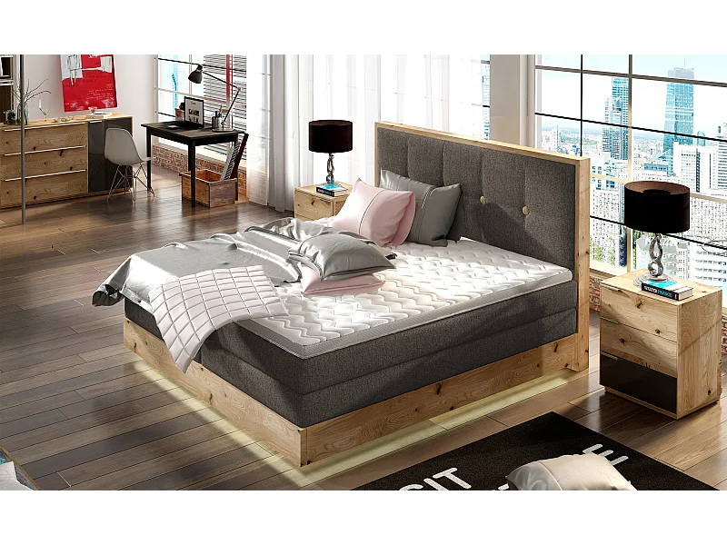 Łóżko Boxspring z litego drewna ze zintegrowanym pojemnikiem na materac i wezgłowiem - Model ETNO lite drewno Premium Comfort 180x200 cm Szary