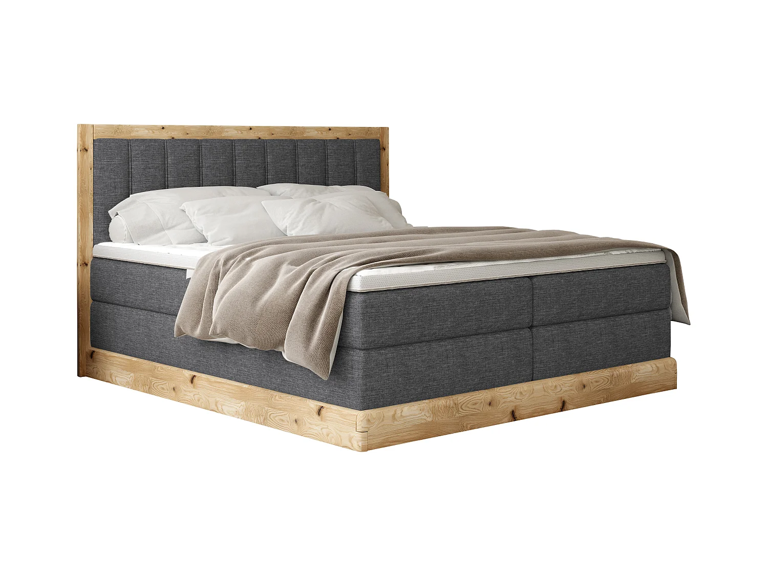 Lit continental rembourré ALMA – Design élégant en bois de chêne, matelas Bonnell haute qualité, hauteur 65 cm, 140x200 cm – Couleur : Gris foncé