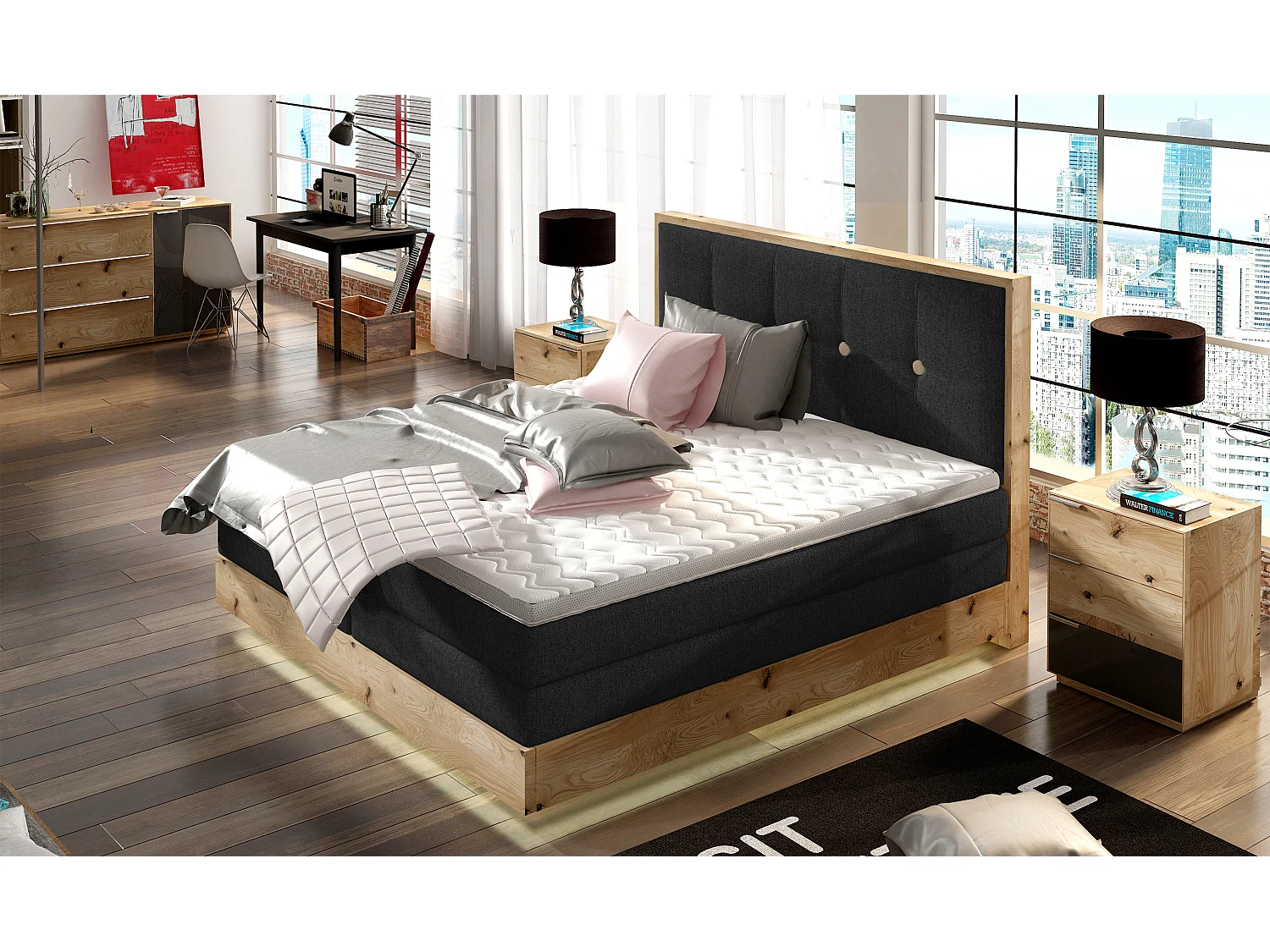 Lit Boxspring Massif avec Coffre Intégré, Surmatelas et Tête de Lit - Modèle ETNO, Bois Massif, Confort Premium, 180x200 cm, Noir