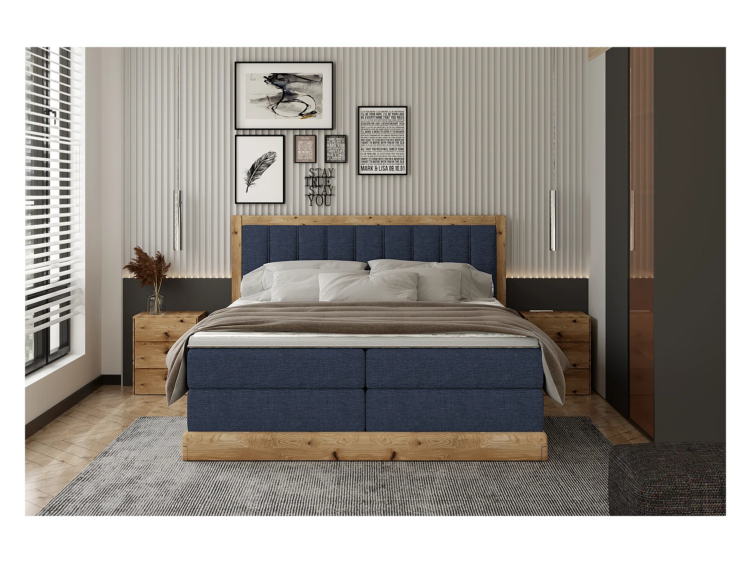 Lit continental rembourré ALMA – Design élégant en bois de chêne, hauteur 65 cm, embouts chromés, 180x200 cm – Couleur : Bleu