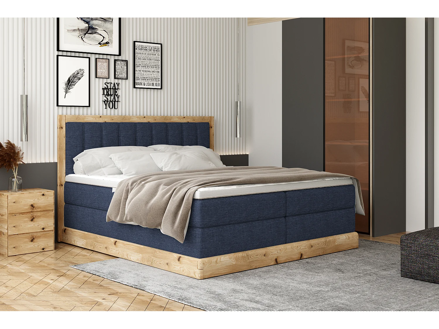 Lit continental rembourré ALMA – Design élégant en bois de chêne, hauteur 65 cm, embouts chromés, 180x200 cm – Couleur : Bleu