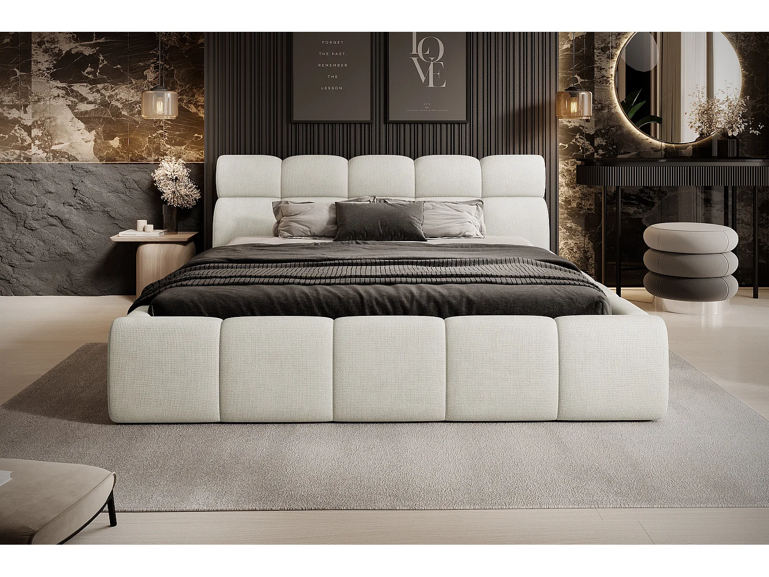 Gestoffeerd bed GIULIA, comfortabel, met opbergruimte, verstelbaar hoofdbord en LED, 180x200x96 cm, kleur: Crème