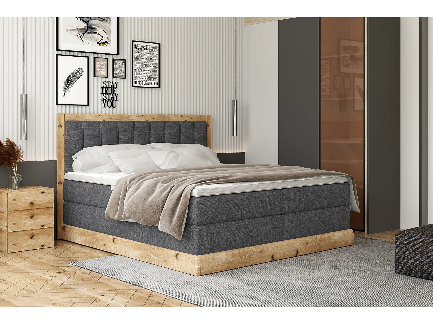 Lit continental rembourré ALMA – Matériaux exquis MDF et chêne, surface confortable, 160x200 cm – Couleur : Gris foncé